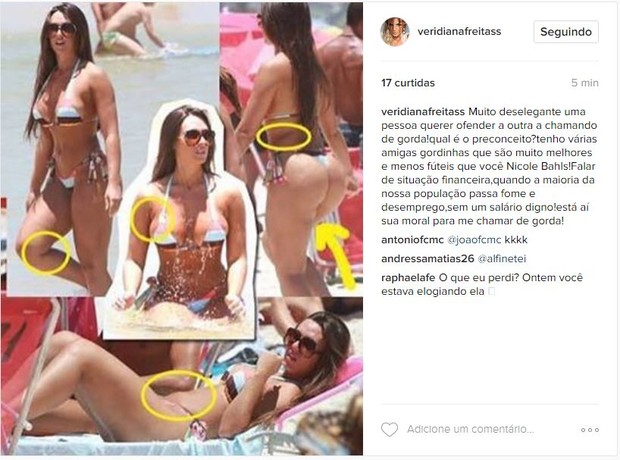 Post de Veridiana Freitas no Instagram onde ela ataca Nicole Bahls (Reprodução/ Instagram)