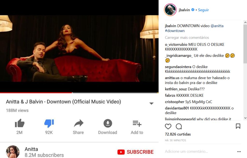 J Balvin publica print com dislike em clipe com Anitta