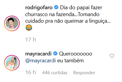 Mayra Cardi comenta foto de Rodrigo Faro