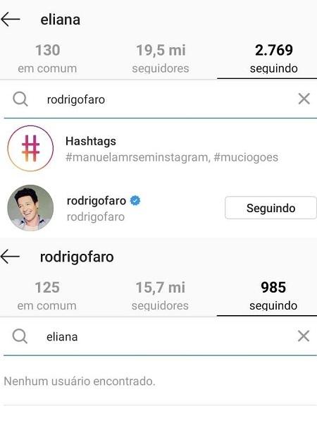 Rodrigo Faro não segue Eliana no Instagram