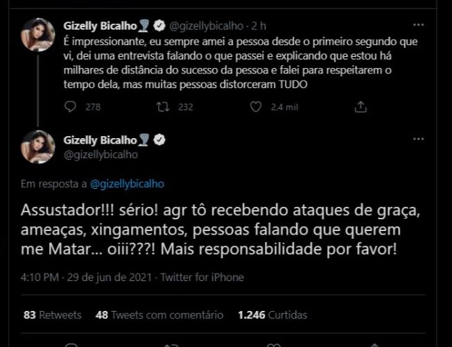 Gizelly Bicalho relata ameaças após comentar sobre Juliette (Foto: Reprodução/Twitter)
