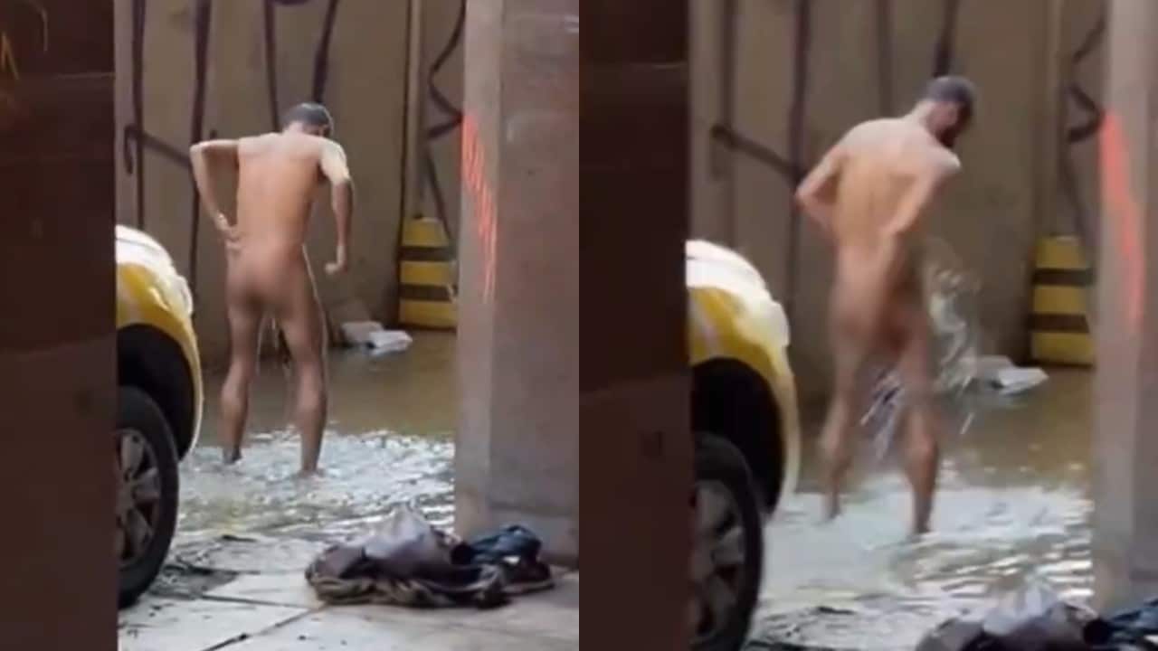 VÍDEO: Homem nu é flagrado tomando banho em água suja da enchente em Porto Alegre